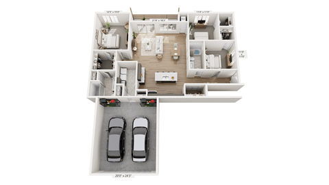 A floor plan of an apartment with two bedrooms, two bathrooms, and a garage for two cars.